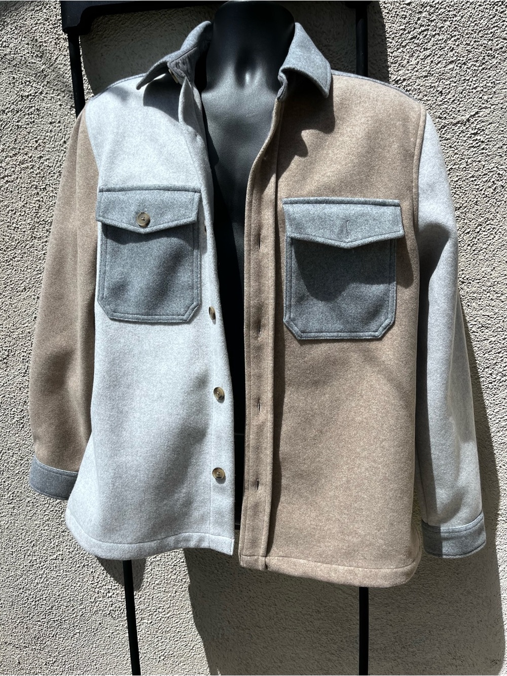 Express Two-Tone Shirt Jacket in Light Gray & Taupe